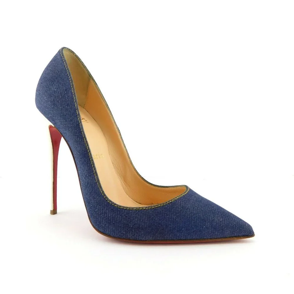 CHRISTIAN LOUBOUTIN Denim Blue Jean White Leather Stiletto Heel Pumps 38